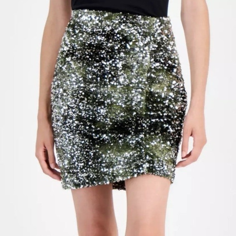 Boss‎ Orange Vania Zip Back Sequin Mini Dark Green Short Skirt Womens M NWT